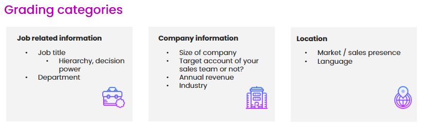 Lead grading dimensions: company size, industry, geography, job role and seniority.